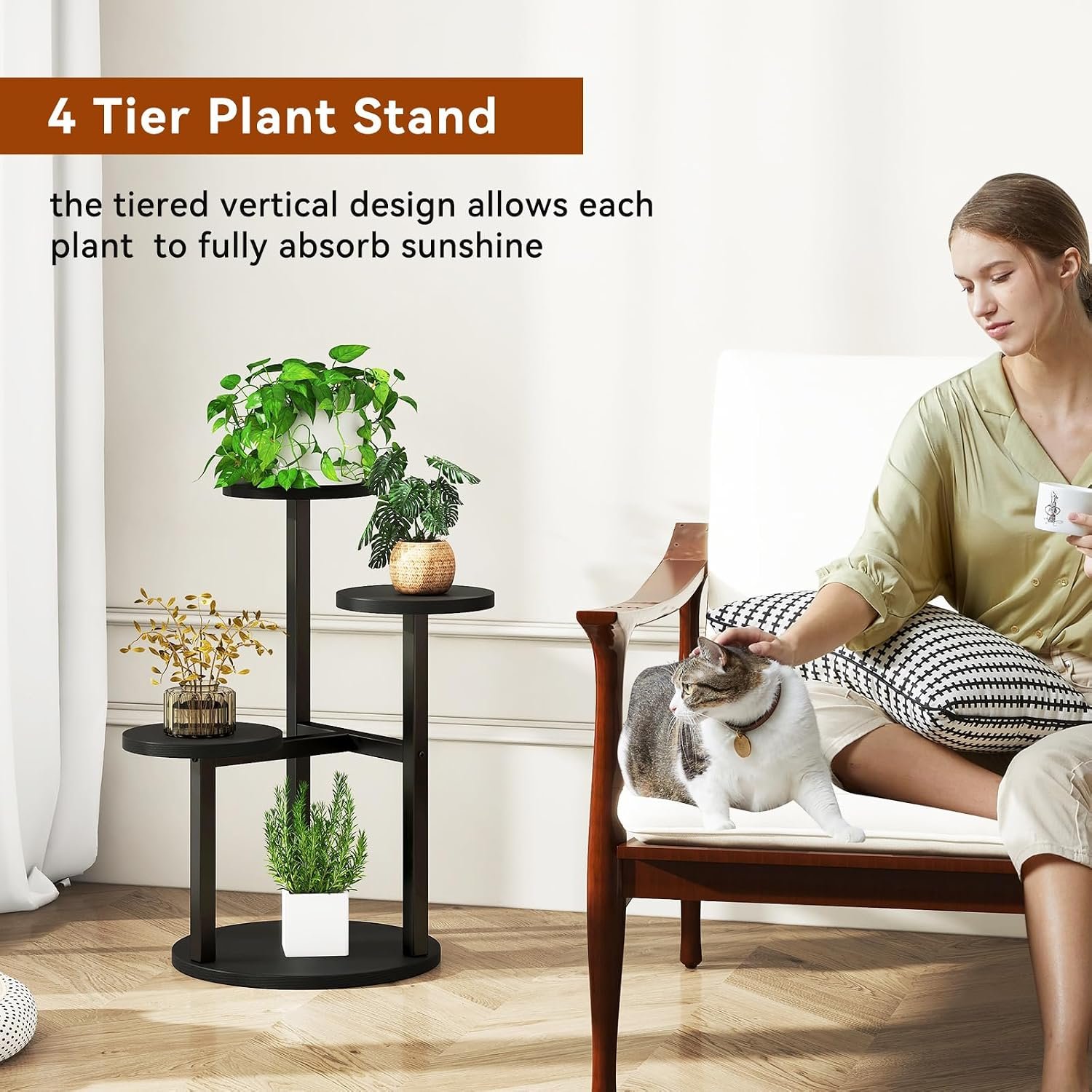 IBUYKE 4 Tier Plant Stand Indoor, Metal Wood Plant Shelf for Multiple Plants, Small Tiered Corner Flower Pot Stand for Living Room Patio Balcony Garden, Black TMJ073B - صورة 5