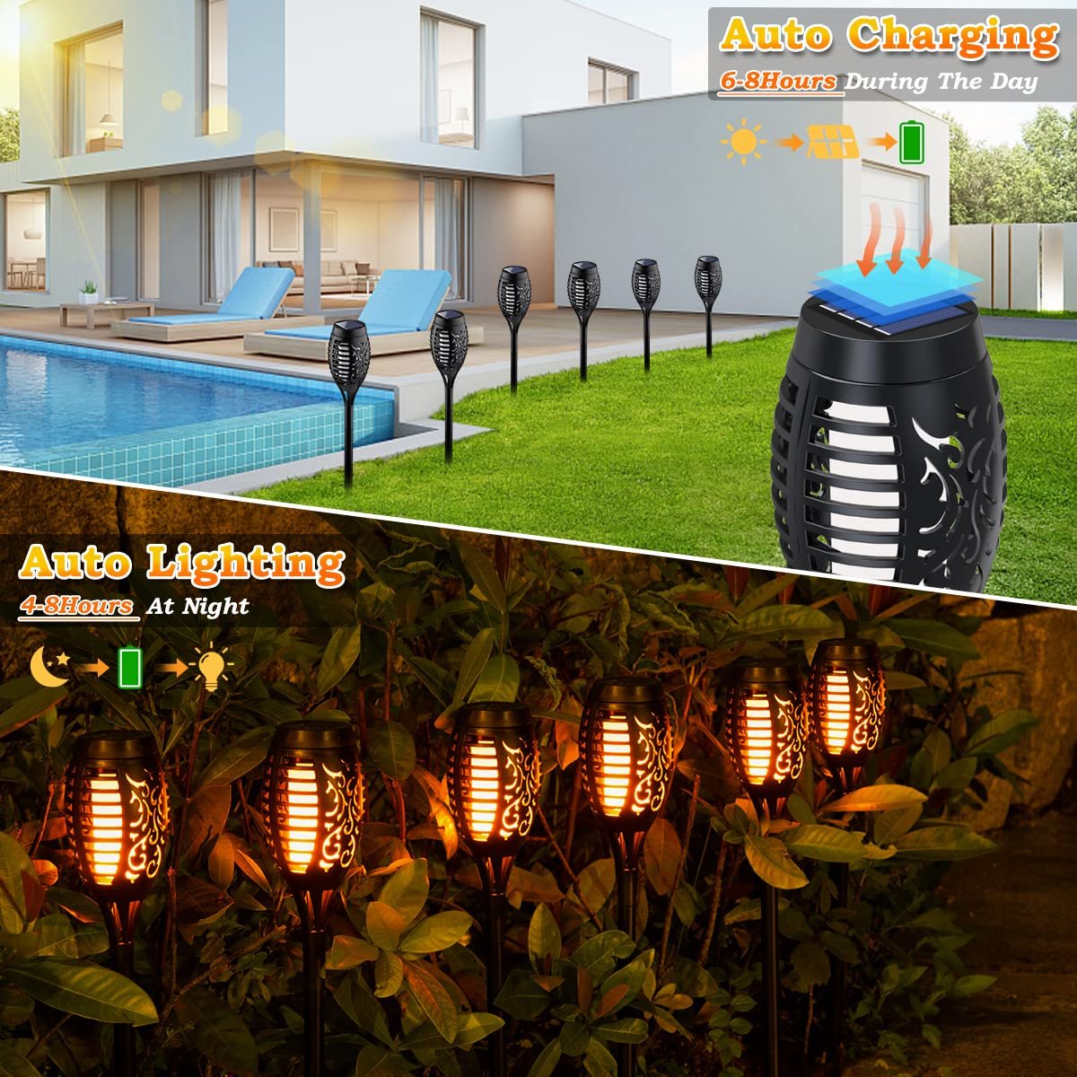 مصابيح شمسية LED ستاريك من ميوزيكيت من 6 قطع، مصابيح بتصميم لهب متحرك للديكور بتصميم مقاوم للماء مثالية للحديقة والفناء والممر والاستخدام الخارجي، بلاستيك، أسود - صورة 4