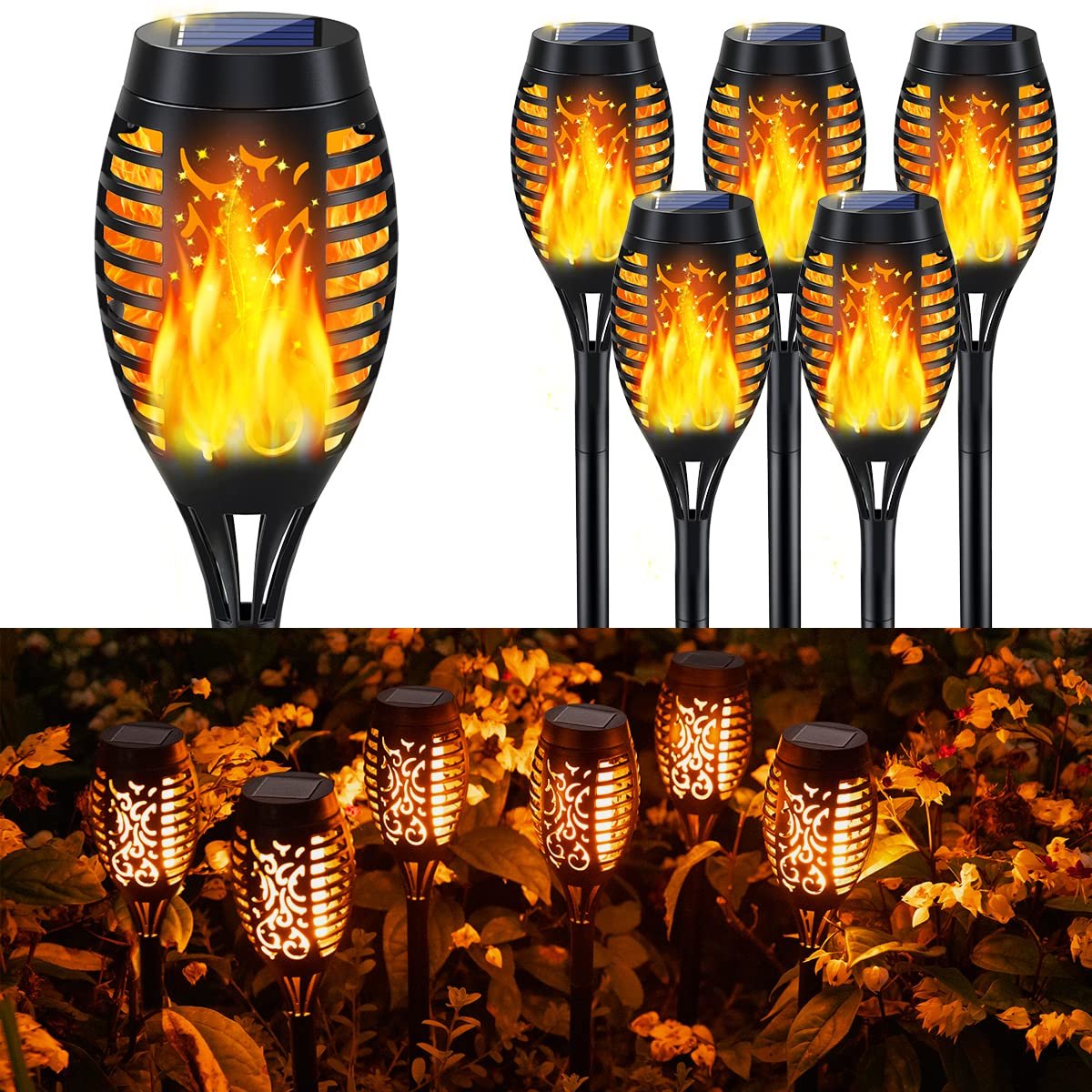 مصابيح شمسية LED ستاريك من ميوزيكيت من 6 قطع، مصابيح بتصميم لهب متحرك للديكور بتصميم مقاوم للماء مثالية للحديقة والفناء والممر والاستخدام الخارجي، بلاستيك، أسود