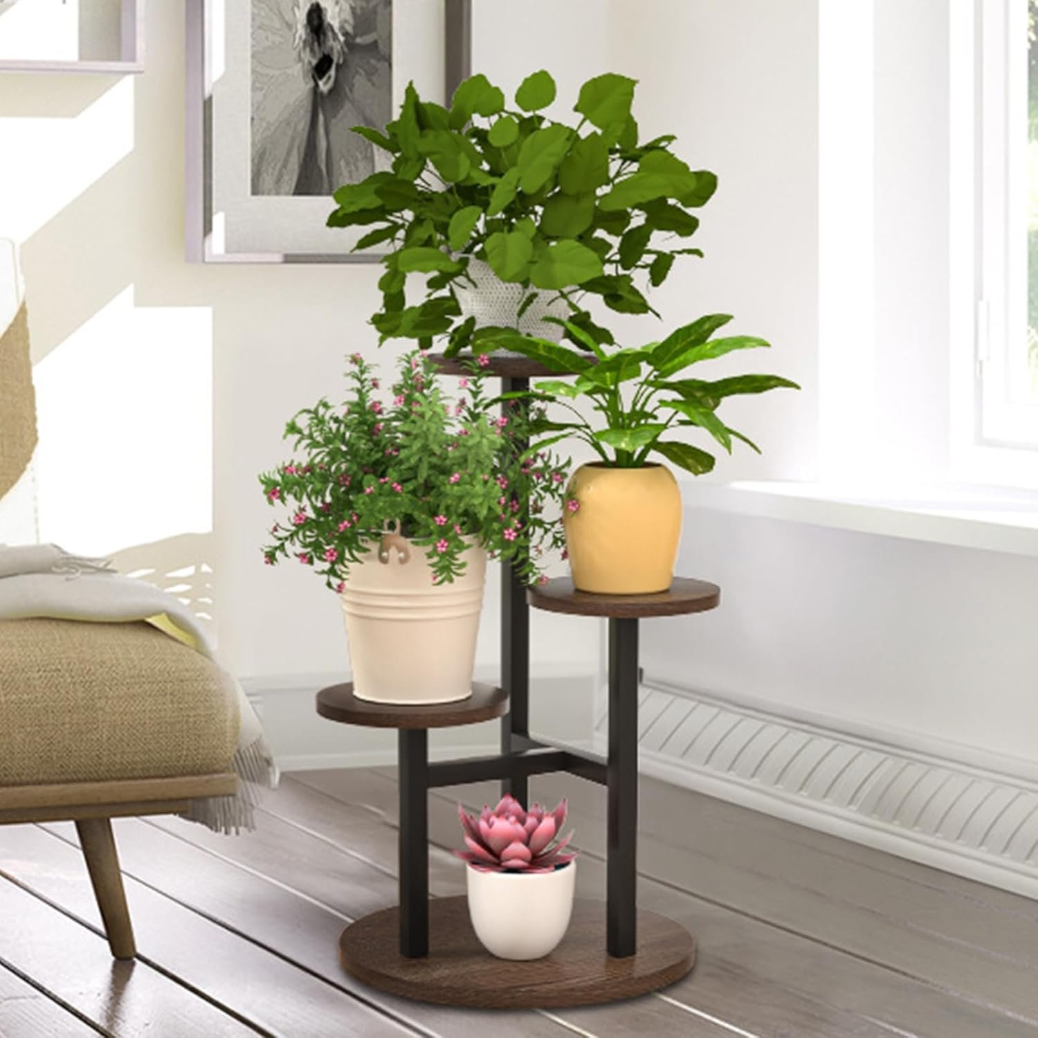 4 Tier Corner Plant Stand Indoor, Tall Metal Plant Shelf for Multiple Plants, Outdoor Display Rack Flower Stand for Patio Garden Balcony Living Room Bedroom Patio(Brown) - صورة 8