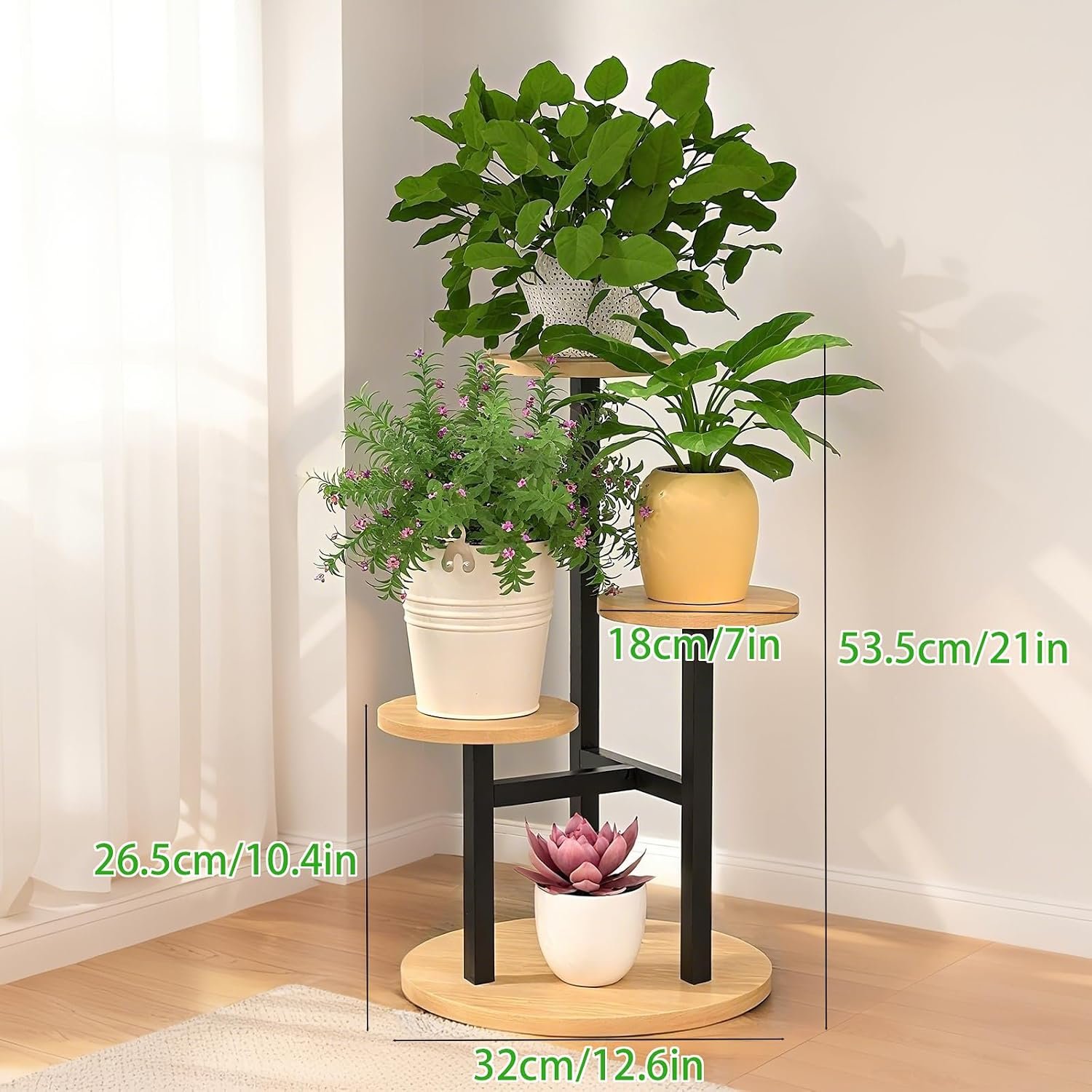 4 Tiered Round Plant Stand Indoor, Metal & Walnut Wood Corner Plant Shelf for Multiple Plants, Space-Saving Compact Flower Pot Holder for Bedroom Garden Balcony Patio - صورة 2