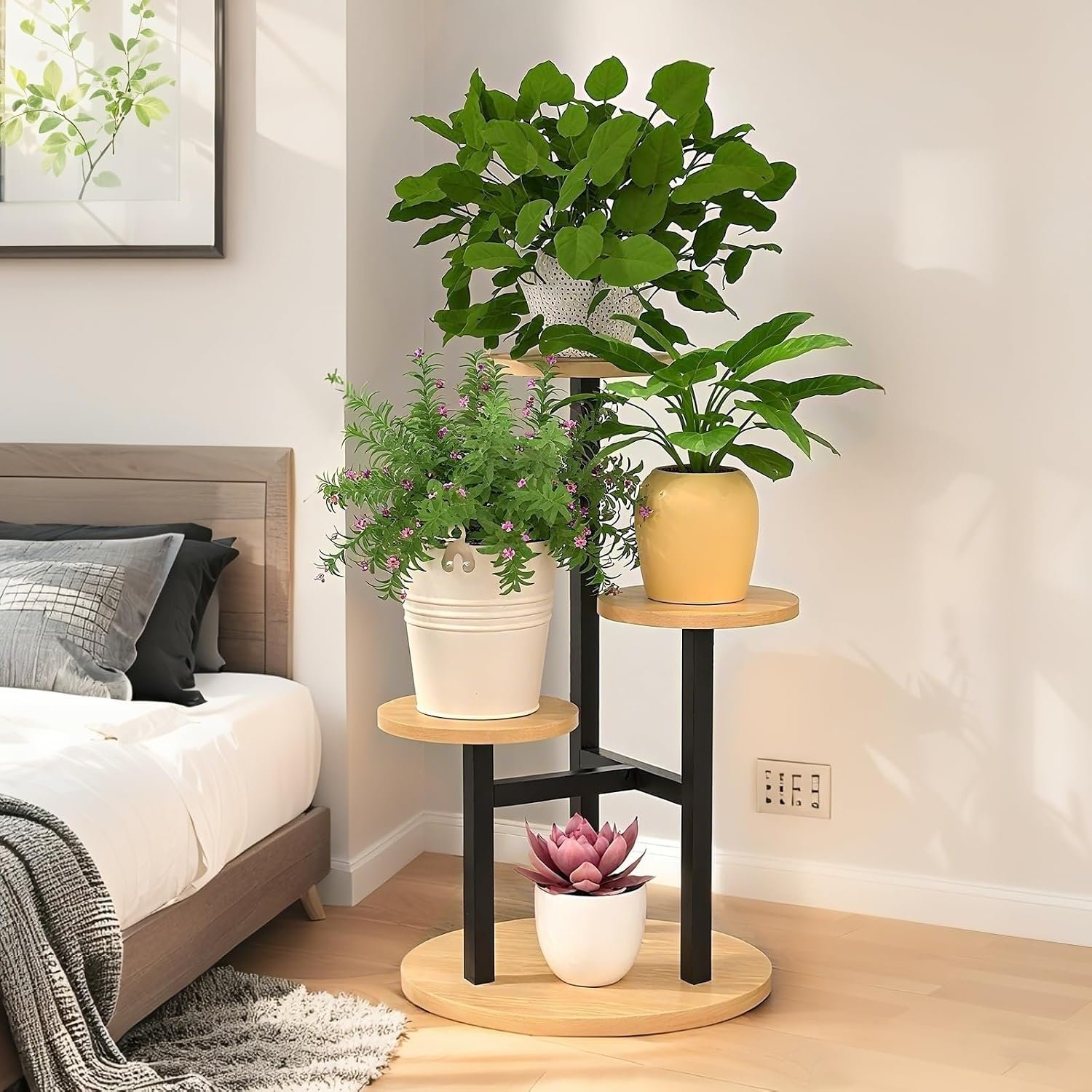 4 Tiered Round Plant Stand Indoor, Metal & Walnut Wood Corner Plant Shelf for Multiple Plants, Space-Saving Compact Flower Pot Holder for Bedroom Garden Balcony Patio - صورة 3