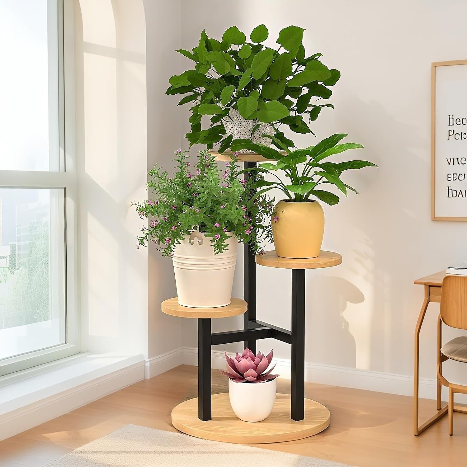 4 Tiered Round Plant Stand Indoor, Metal & Walnut Wood Corner Plant Shelf for Multiple Plants, Space-Saving Compact Flower Pot Holder for Bedroom Garden Balcony Patio - صورة 5
