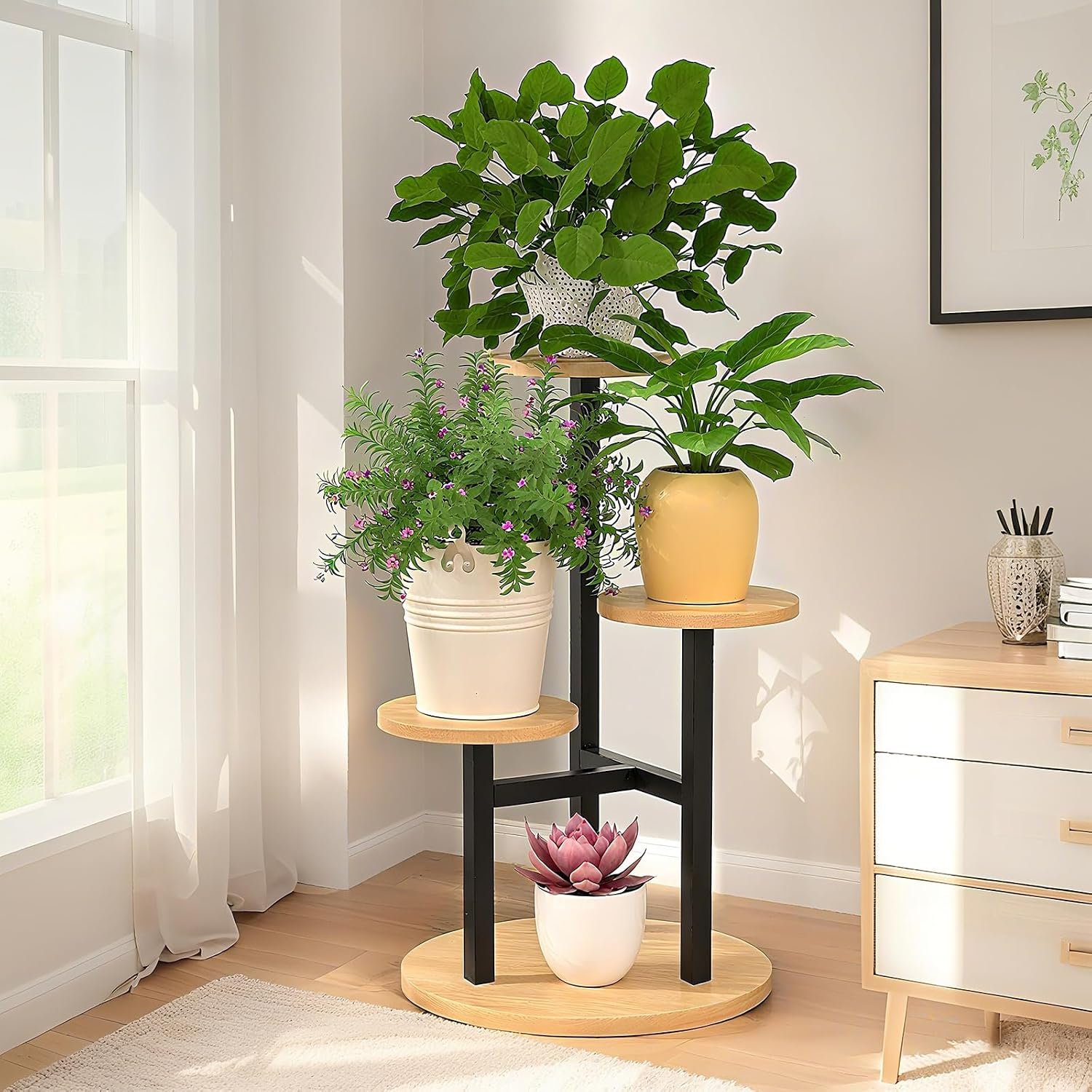 4 Tiered Round Plant Stand Indoor, Metal & Walnut Wood Corner Plant Shelf for Multiple Plants, Space-Saving Compact Flower Pot Holder for Bedroom Garden Balcony Patio - صورة 4