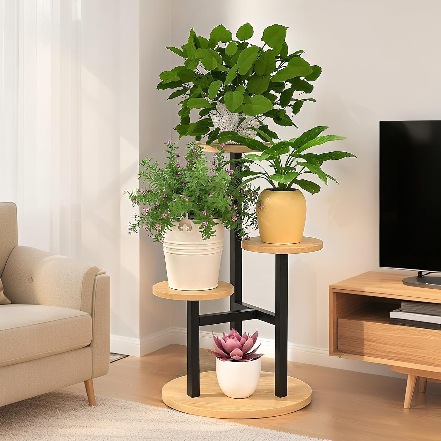 4 Tiered Round Plant Stand Indoor, Metal & Walnut Wood Corner Plant Shelf for Multiple Plants, Space-Saving Compact Flower Pot Holder for Bedroom Garden Balcony Patio - صورة 6