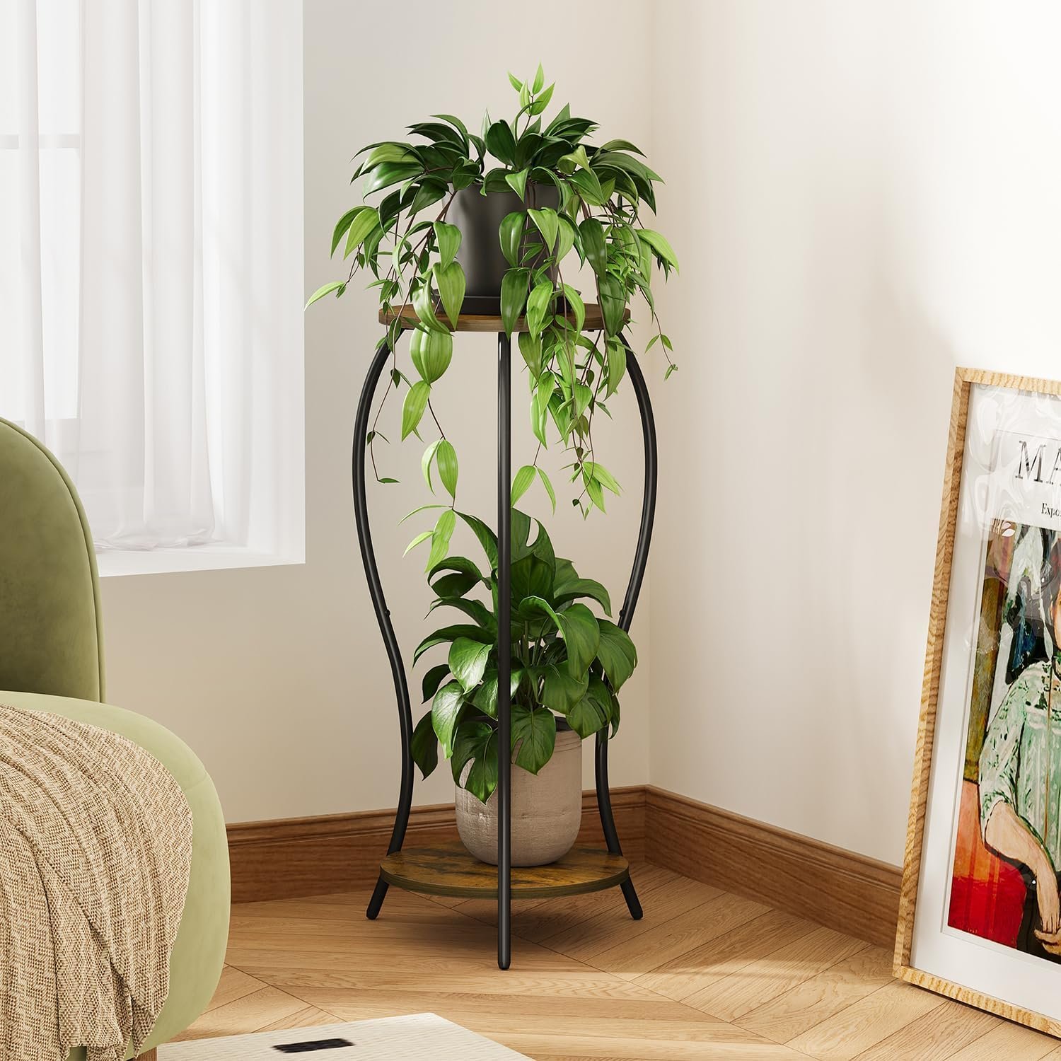 Plant Stand Indoor Outdoor,2 Tier Round Potted Holder Stand,Flower Pot Stand,Plant Supports Rack,Corner Plant Shelf for Planter Garden Balcony Patio Living Room - صورة 2