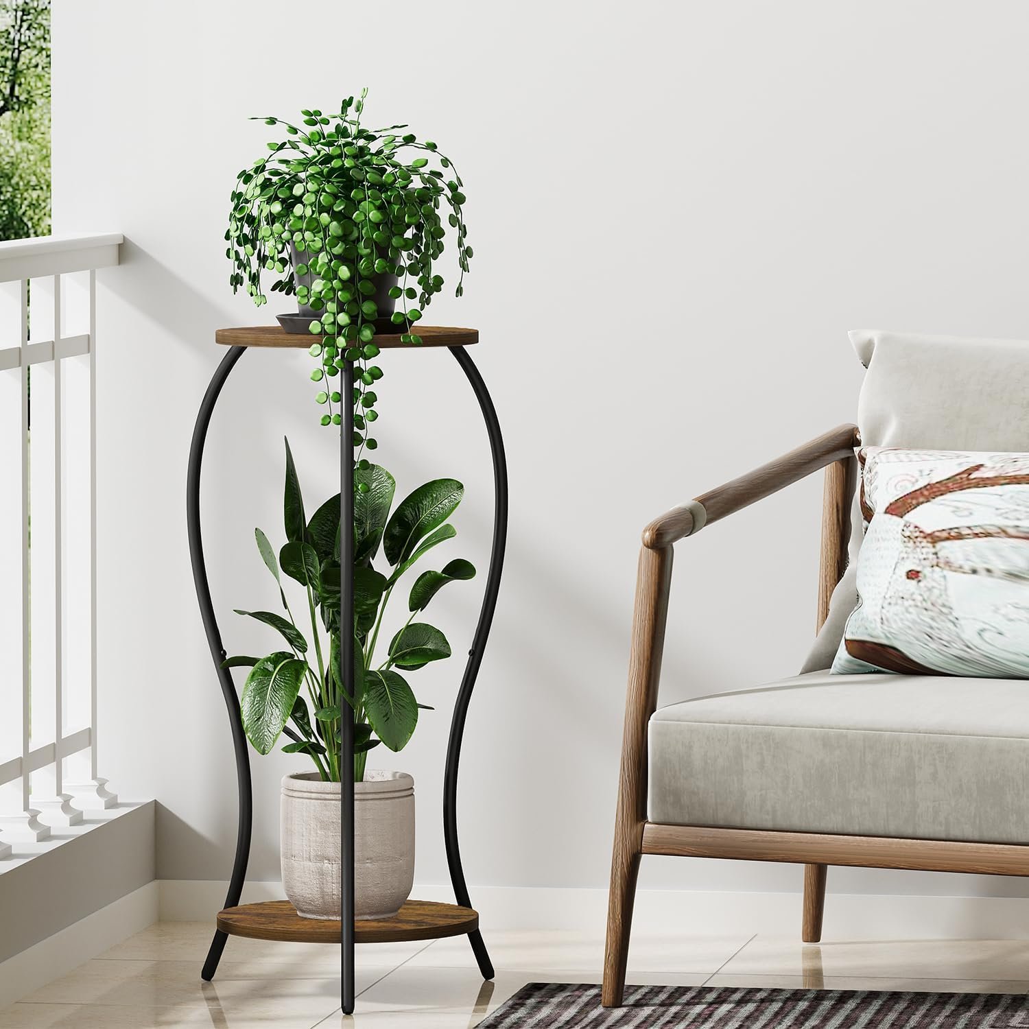 Plant Stand Indoor Outdoor,2 Tier Round Potted Holder Stand,Flower Pot Stand,Plant Supports Rack,Corner Plant Shelf for Planter Garden Balcony Patio Living Room - صورة 5