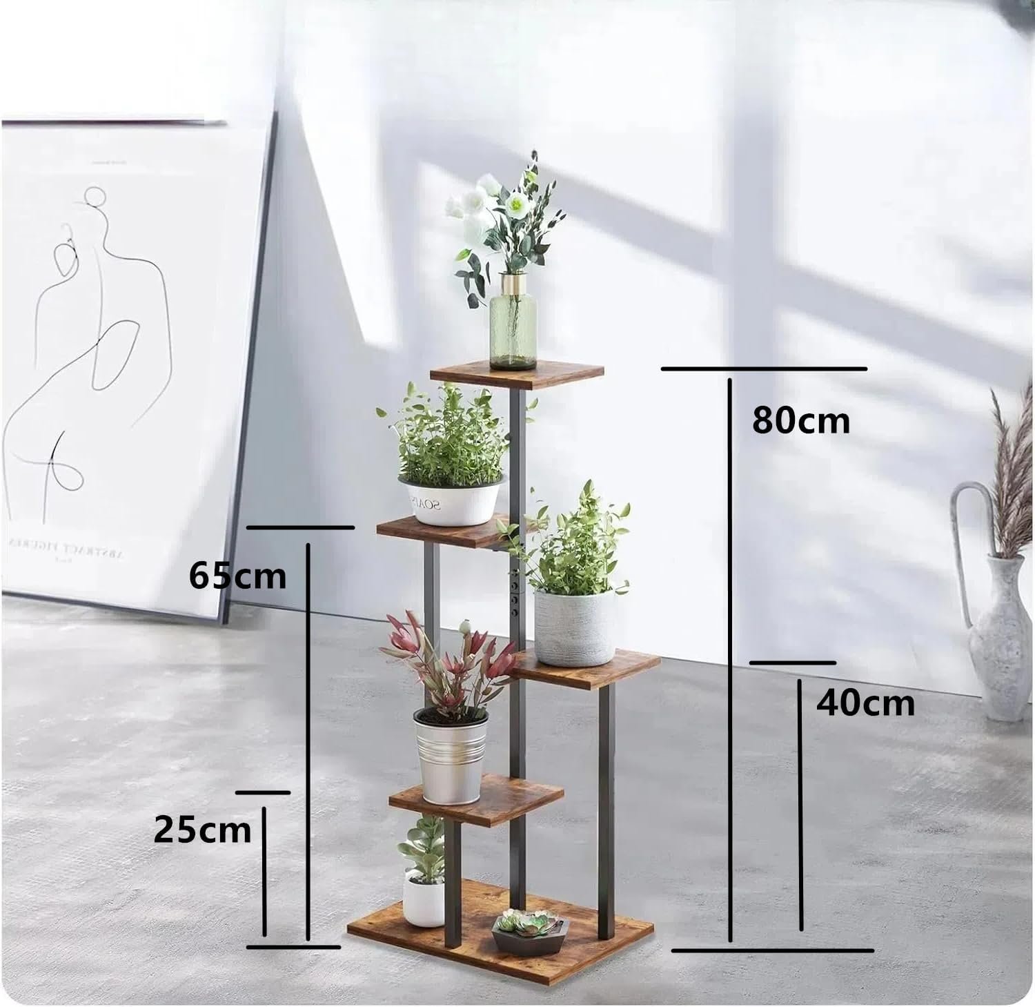 Indoor Plant Stand, 5-Tier Plant Rack for Outdoors, Wooden Shelf for Multiple Plants, Ladder Plant Holder for Living Room, Patio, Garden, Rustic Brown - صورة 2