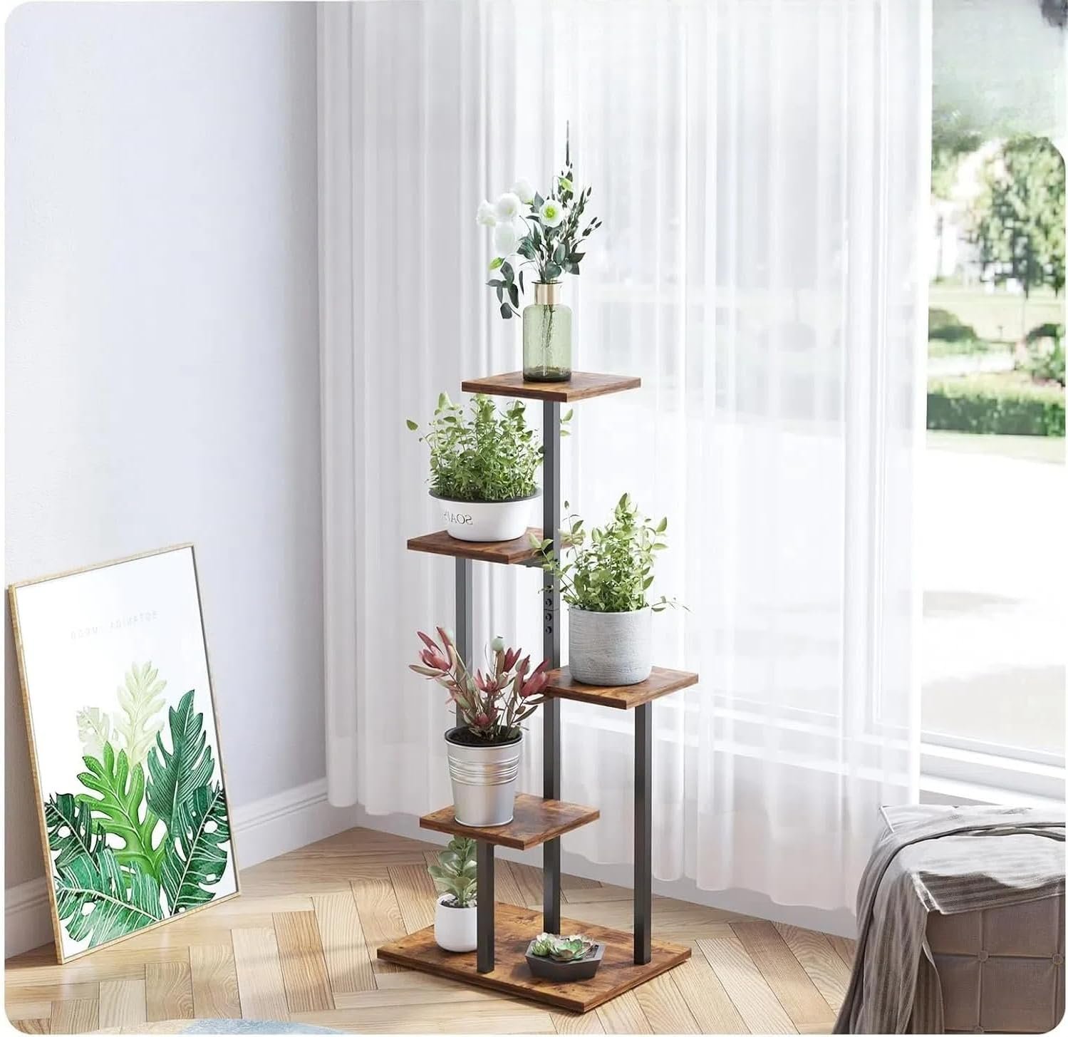Indoor Plant Stand, 5-Tier Plant Rack for Outdoors, Wooden Shelf for Multiple Plants, Ladder Plant Holder for Living Room, Patio, Garden, Rustic Brown - صورة 3