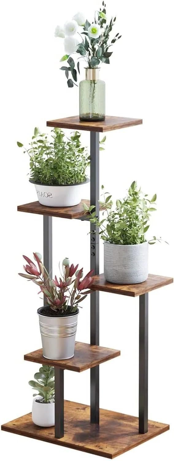 Indoor Plant Stand, 5-Tier Plant Rack for Outdoors, Wooden Shelf for Multiple Plants, Ladder Plant Holder for Living Room, Patio, Garden, Rustic Brown - صورة 8