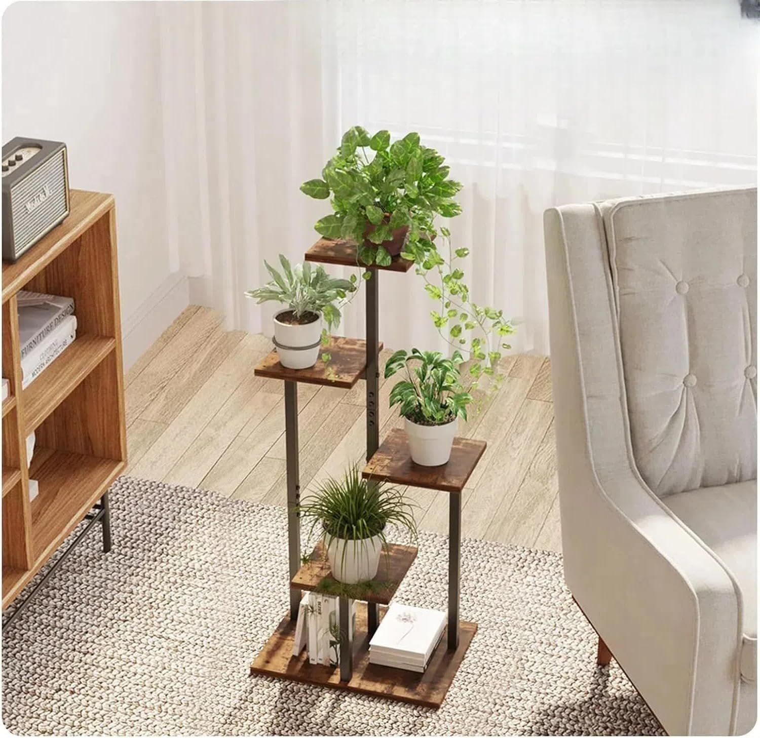 Indoor Plant Stand, 5-Tier Plant Rack for Outdoors, Wooden Shelf for Multiple Plants, Ladder Plant Holder for Living Room, Patio, Garden, Rustic Brown - صورة 6