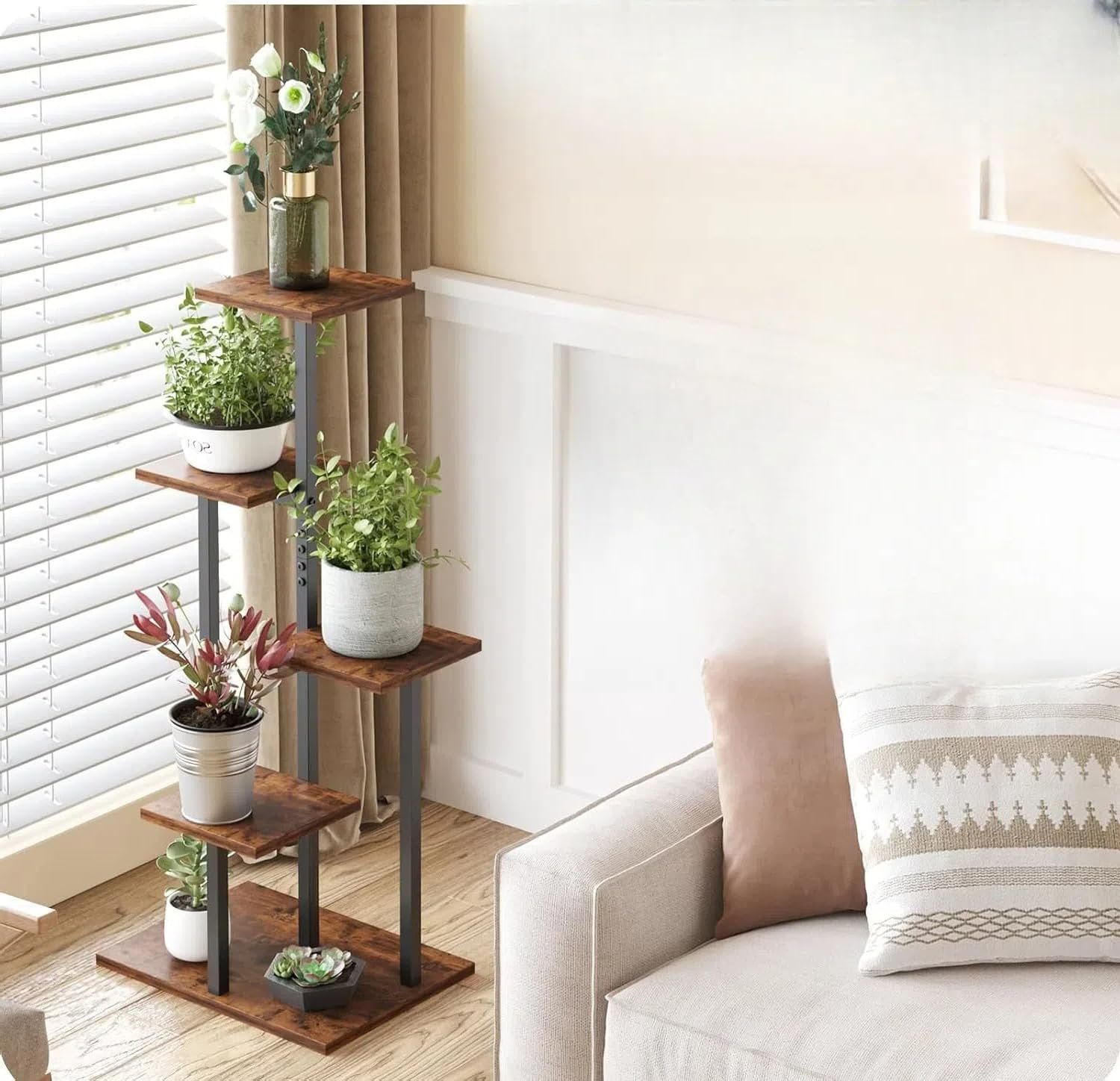 Indoor Plant Stand, 5-Tier Plant Rack for Outdoors, Wooden Shelf for Multiple Plants, Ladder Plant Holder for Living Room, Patio, Garden, Rustic Brown - صورة 12