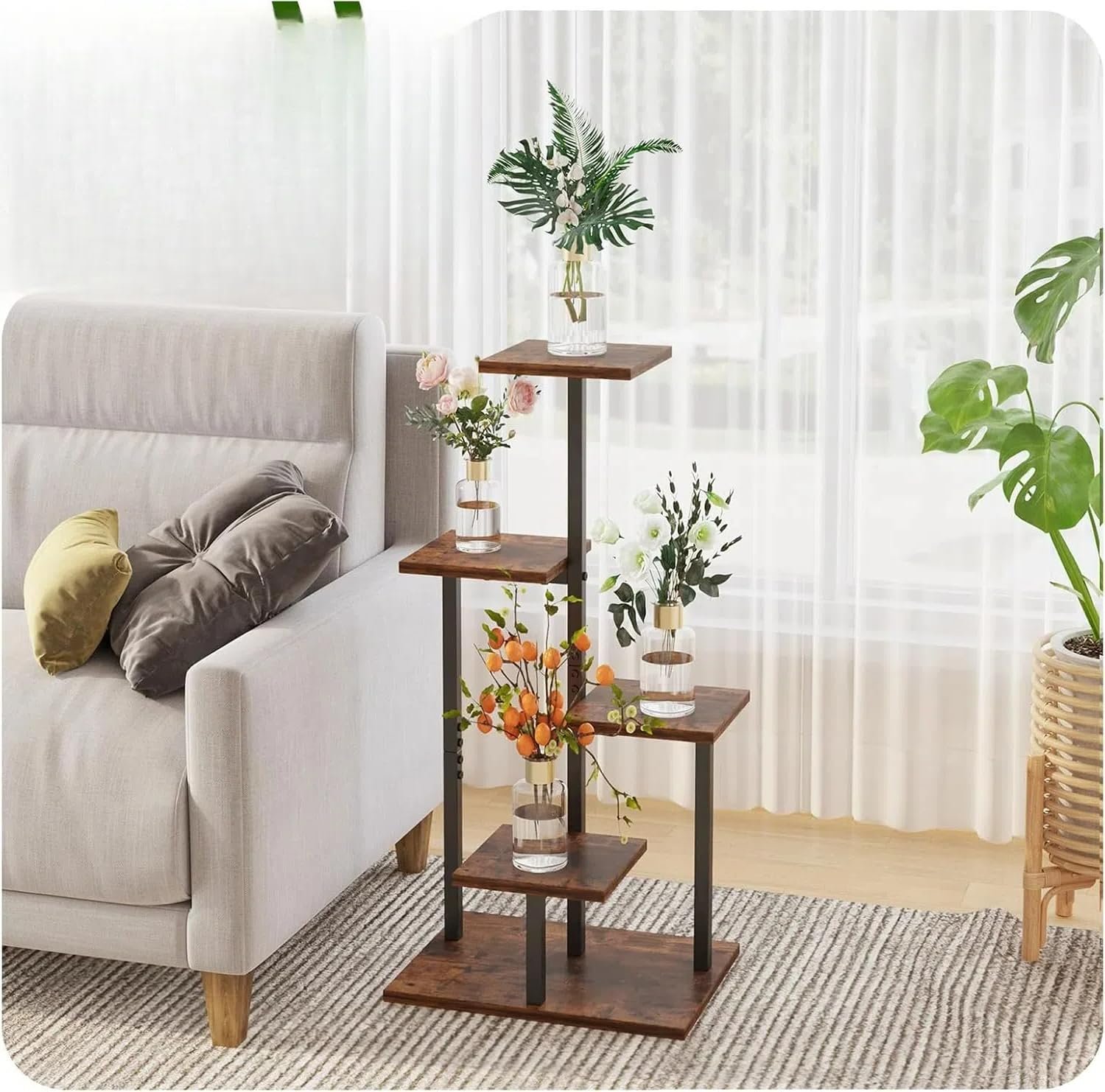 Indoor Plant Stand, 5-Tier Plant Rack for Outdoors, Wooden Shelf for Multiple Plants, Ladder Plant Holder for Living Room, Patio, Garden, Rustic Brown - صورة 11