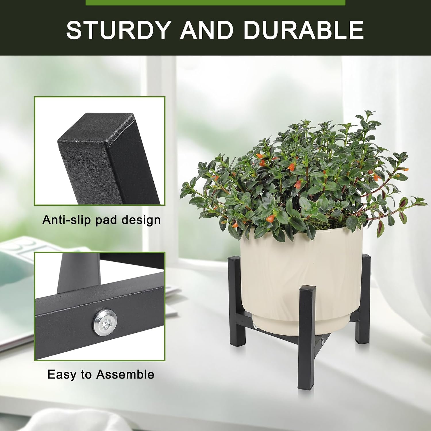 Vigordream Metal Plant Stand, Adjustable Heavy Duty Sturdy Plant Holder for Indoor Outdoor Use, 2 Height Displays Single Plant Pot Stand (Black, Fit 8-10inch pots) - صورة 2