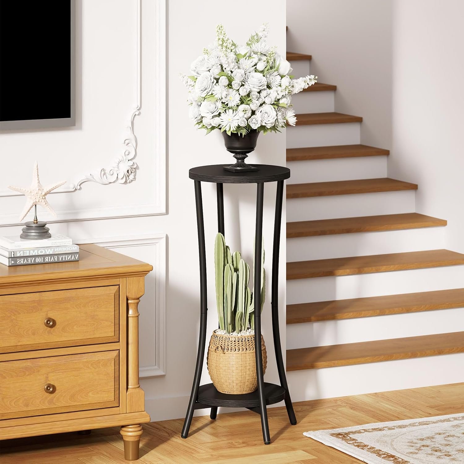 IBUYKE 30 Inch Tall Plant Stand Indoor, 2 Tier Wood Corner Plant Stand, Modern Round Plant Shelf Flower Stand for Living Room Patio Balcony Garden, Rustic Brown TMJ074H - صورة 2