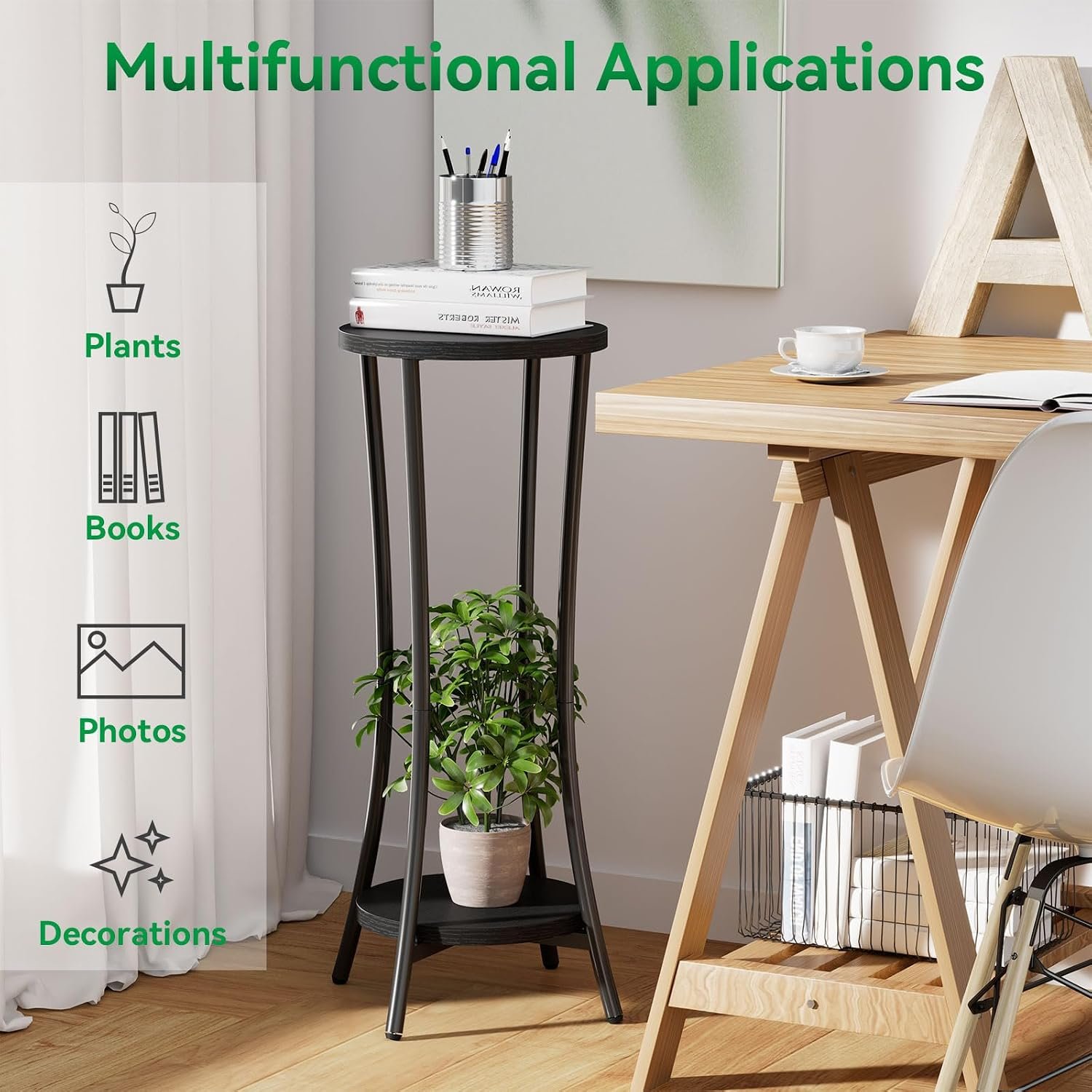 IBUYKE 30 Inch Tall Plant Stand Indoor, 2 Tier Wood Corner Plant Stand, Modern Round Plant Shelf Flower Stand for Living Room Patio Balcony Garden, Rustic Brown TMJ074H - صورة 6