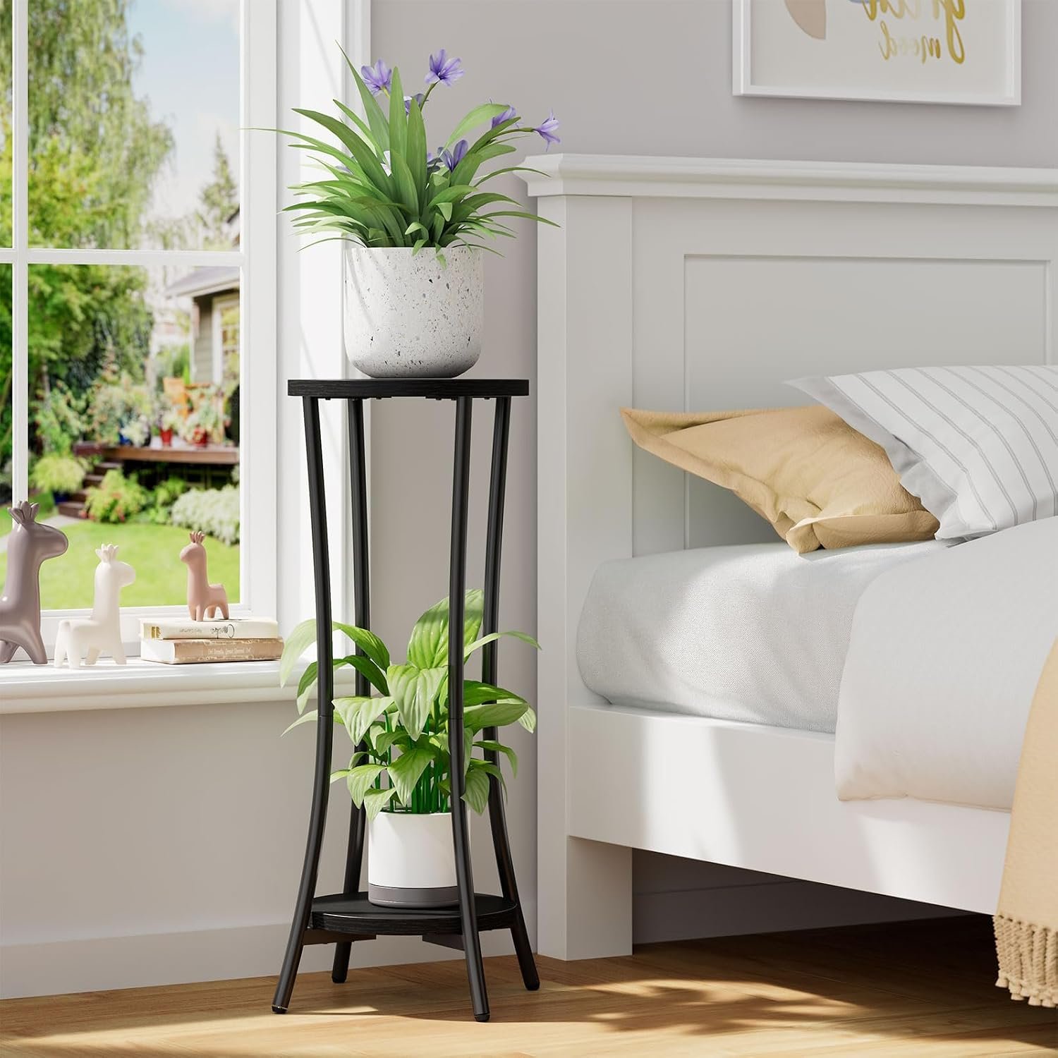 IBUYKE 30 Inch Tall Plant Stand Indoor, 2 Tier Wood Corner Plant Stand, Modern Round Plant Shelf Flower Stand for Living Room Patio Balcony Garden, Rustic Brown TMJ074H - صورة 7