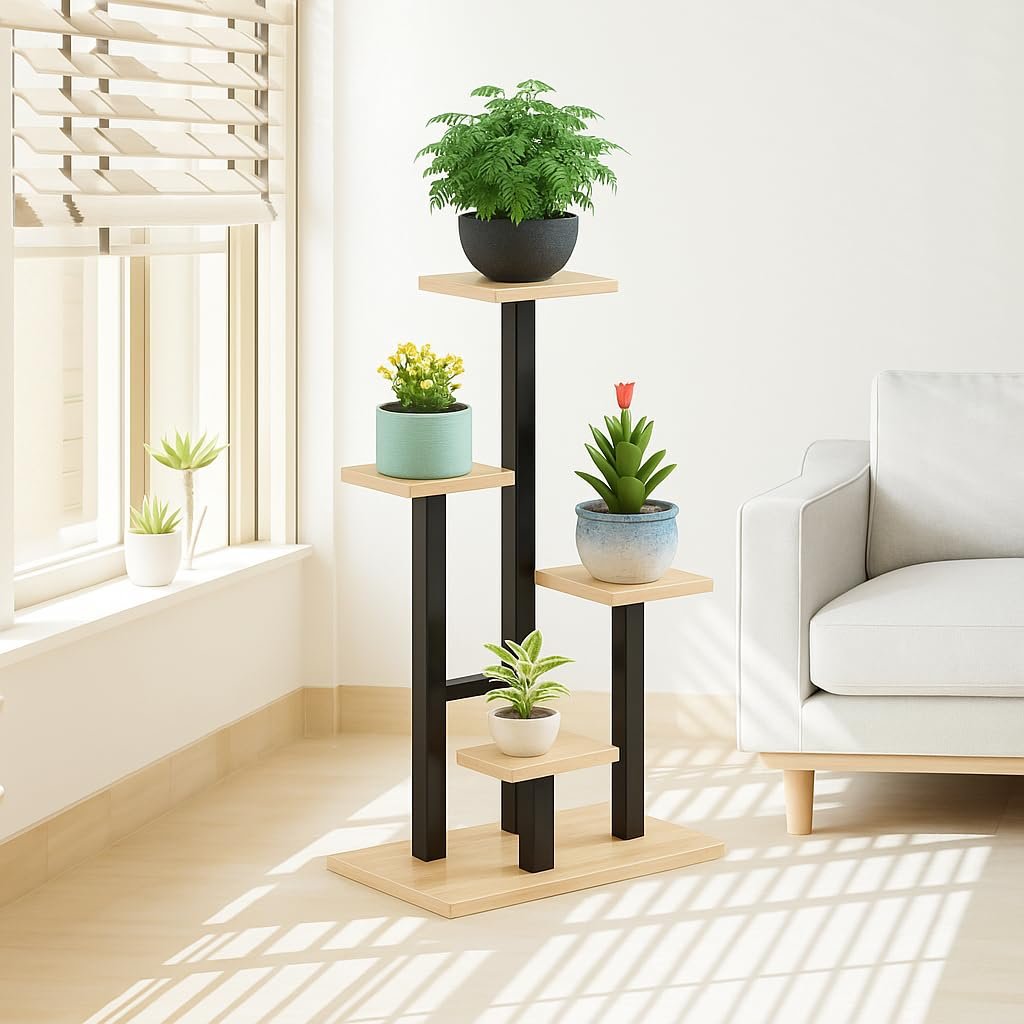 Plant Stand 5 Tier Indoor Metal Plant Shelf for Multiple Plants Corner Tall Flower Holder for Patio Garden Living Room Balcony Bedroom(Walnut) - صورة 5