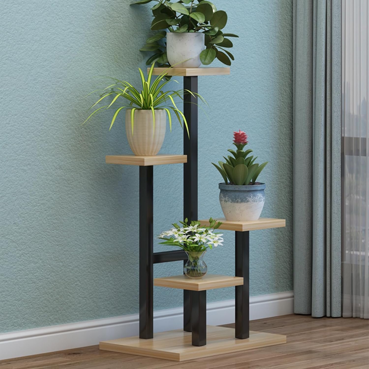 Plant Stand 5 Tier Indoor Metal Plant Shelf for Multiple Plants Corner Tall Flower Holder for Patio Garden Living Room Balcony Bedroom(Walnut) - صورة 4