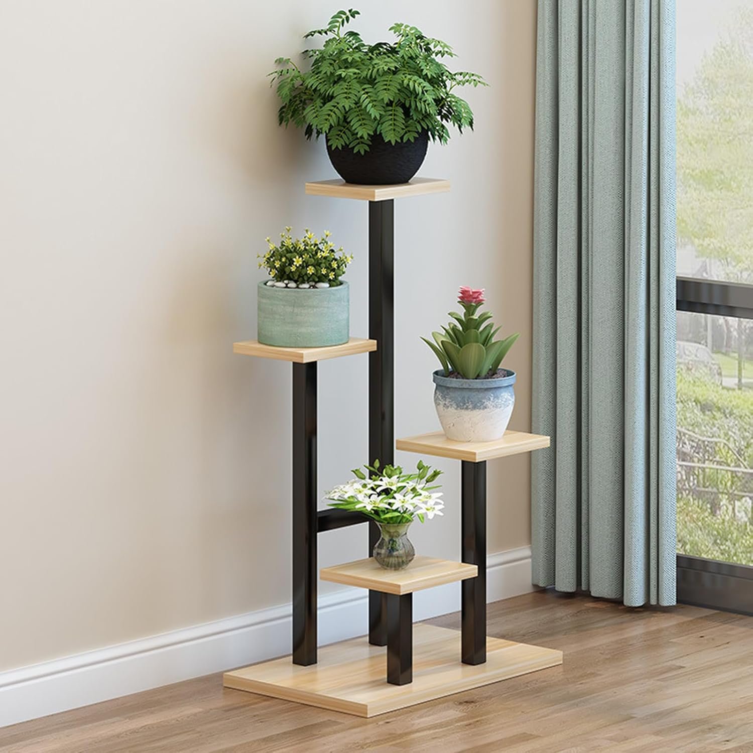 Plant Stand 5 Tier Indoor Metal Plant Shelf for Multiple Plants Corner Tall Flower Holder for Patio Garden Living Room Balcony Bedroom(Walnut) - صورة 8