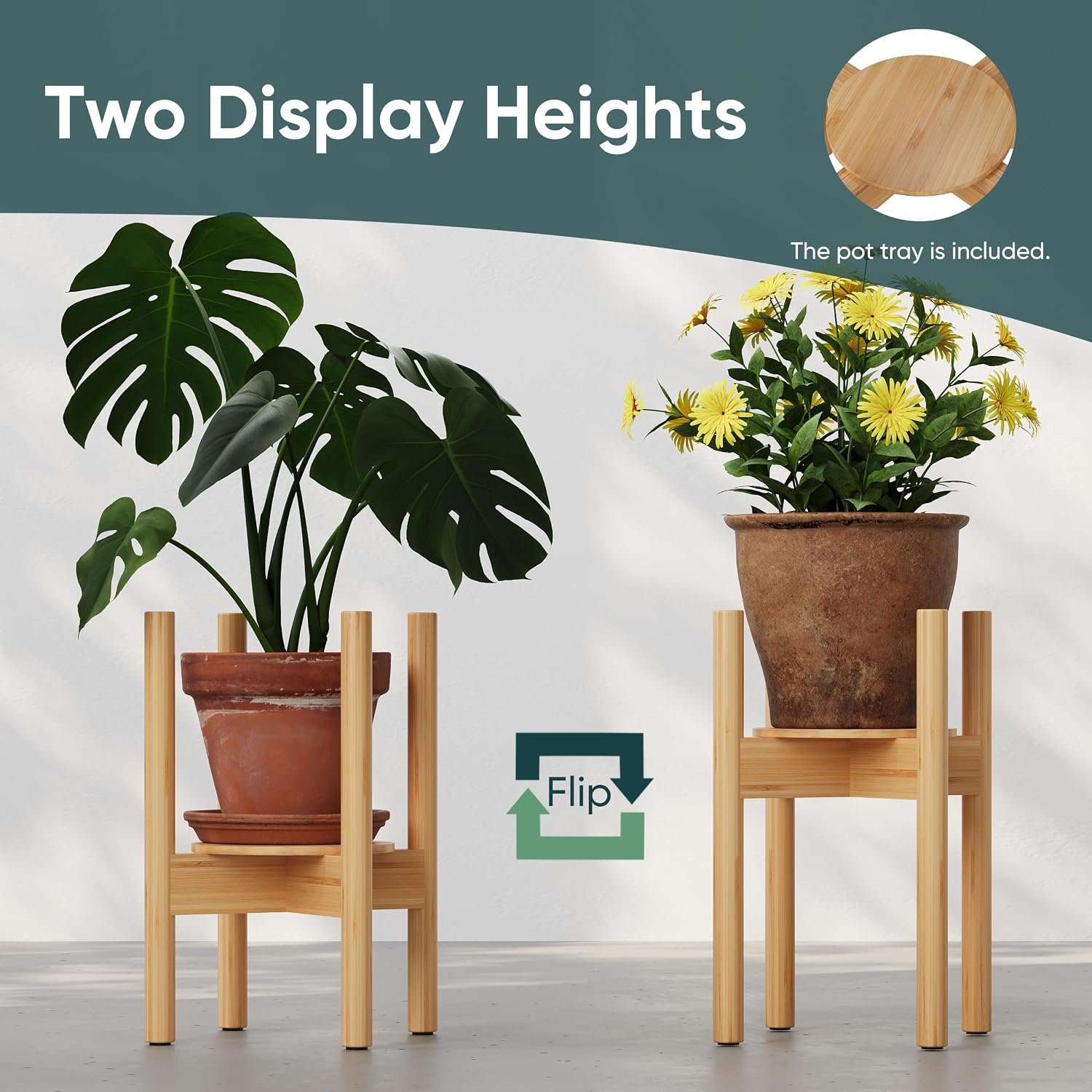 Semiocthome Adjustable Bamboo Plant Stand Indoor with Removable Tray, Wooden Flower Stand, Pot Holders Fits 20cm to 30cm Pots, Indoor Plant Stands for Living Room, Bedroom,... - صورة 3