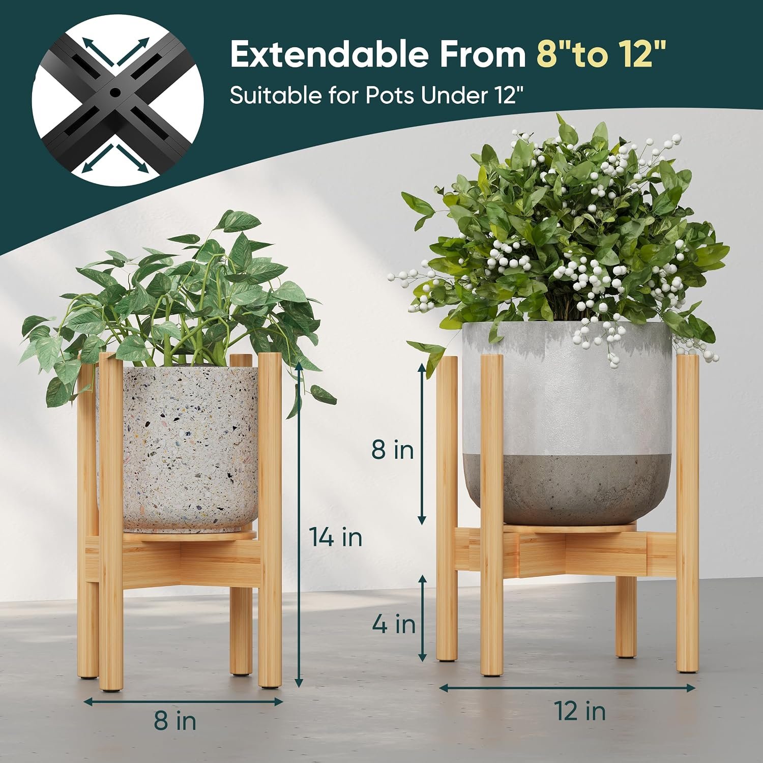 Semiocthome Adjustable Bamboo Plant Stand Indoor with Removable Tray, Wooden Flower Stand, Pot Holders Fits 20cm to 30cm Pots, Indoor Plant Stands for Living Room, Bedroom,... - صورة 2