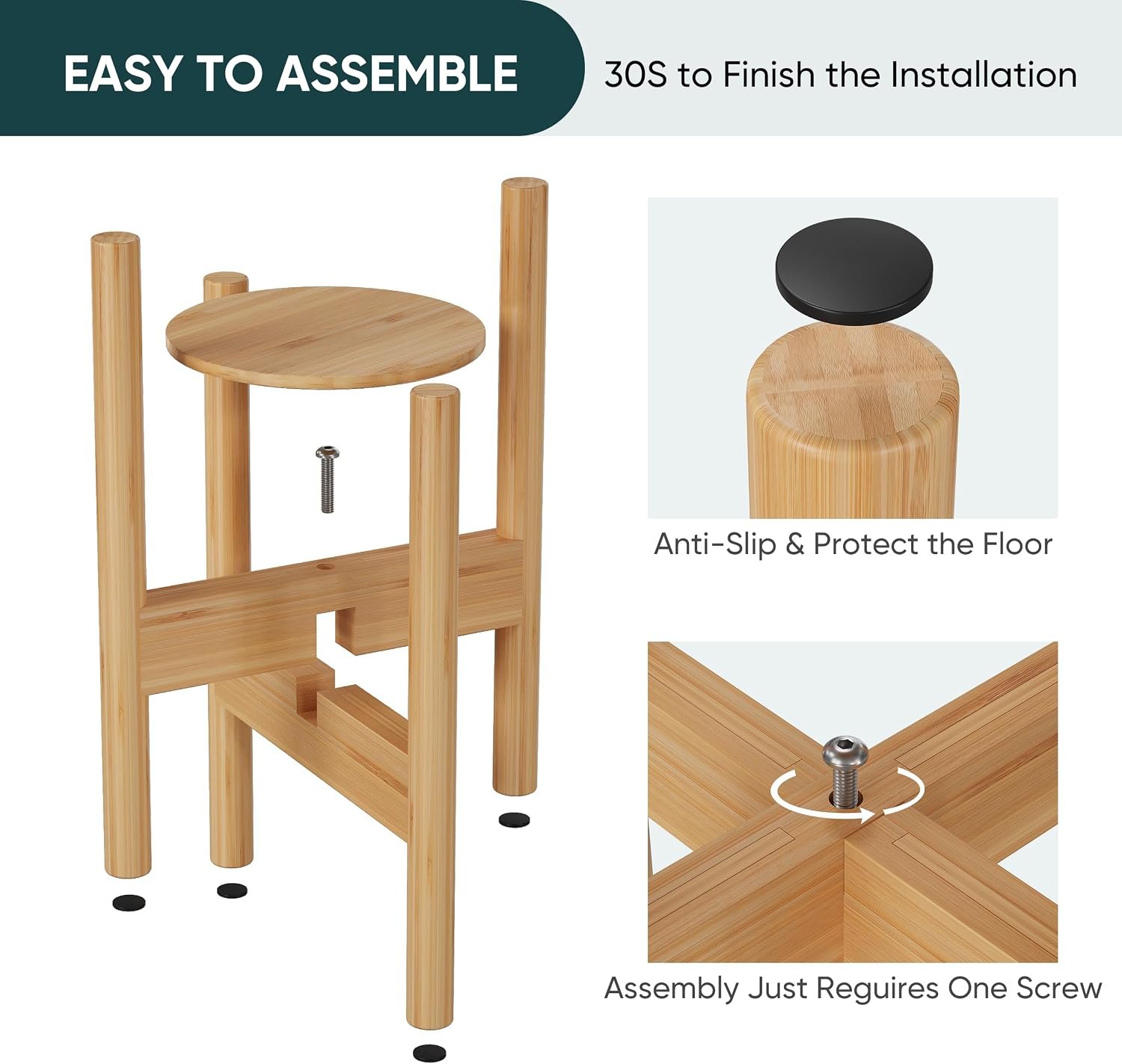 Semiocthome Adjustable Bamboo Plant Stand Indoor with Removable Tray, Wooden Flower Stand, Pot Holders Fits 20cm to 30cm Pots, Indoor Plant Stands for Living Room, Bedroom,... - صورة 4
