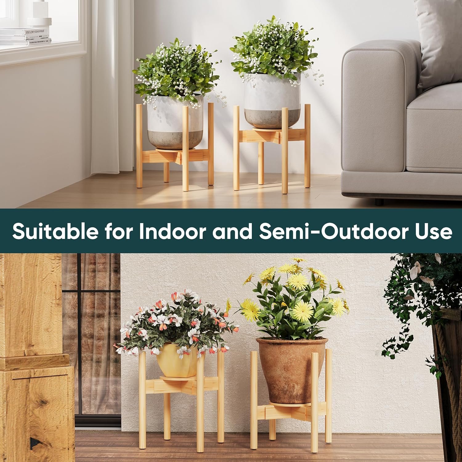 Semiocthome Adjustable Bamboo Plant Stand Indoor with Removable Tray, Wooden Flower Stand, Pot Holders Fits 20cm to 30cm Pots, Indoor Plant Stands for Living Room, Bedroom,... - صورة 6