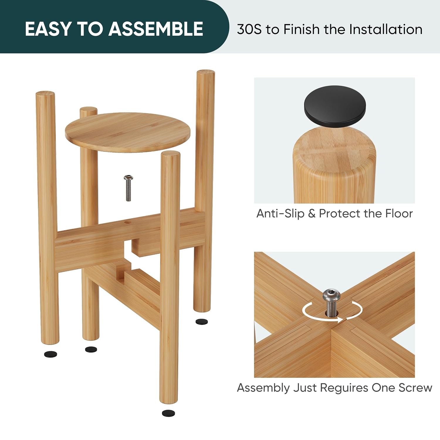 Semiocthome Adjustable Bamboo Plant Stand Indoor with Removable Tray, Wooden Flower Stand, Pot Holders Fits 20cm to 30cm Pots, Indoor Plant Stands for Living Room, Bedroom,... - صورة 9