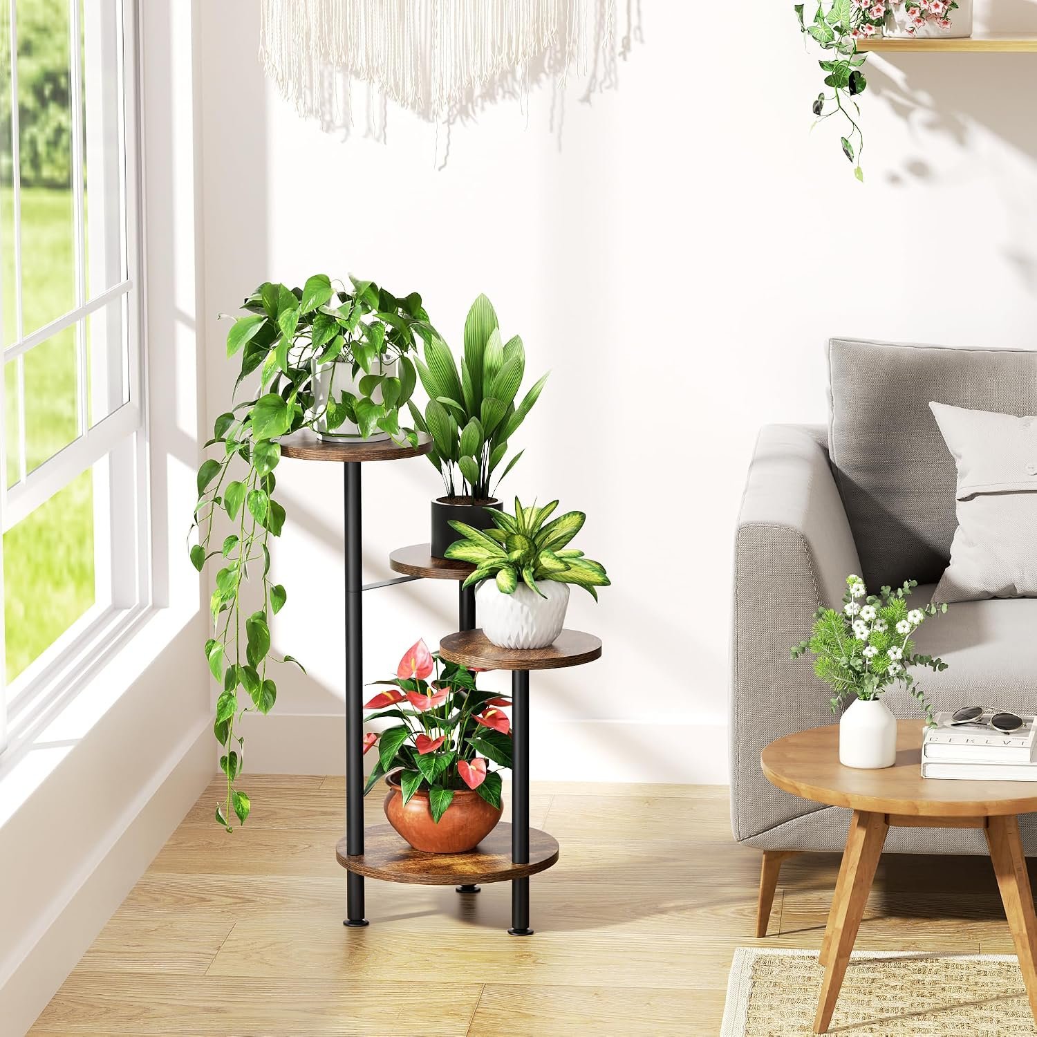 Josmimic Plant Stand Plant Shelf for Indoor Use 4 Tier Corner Shelf Flower Stand for Outdoor 76 cm Flower Shelf Wood and Metal - صورة 7
