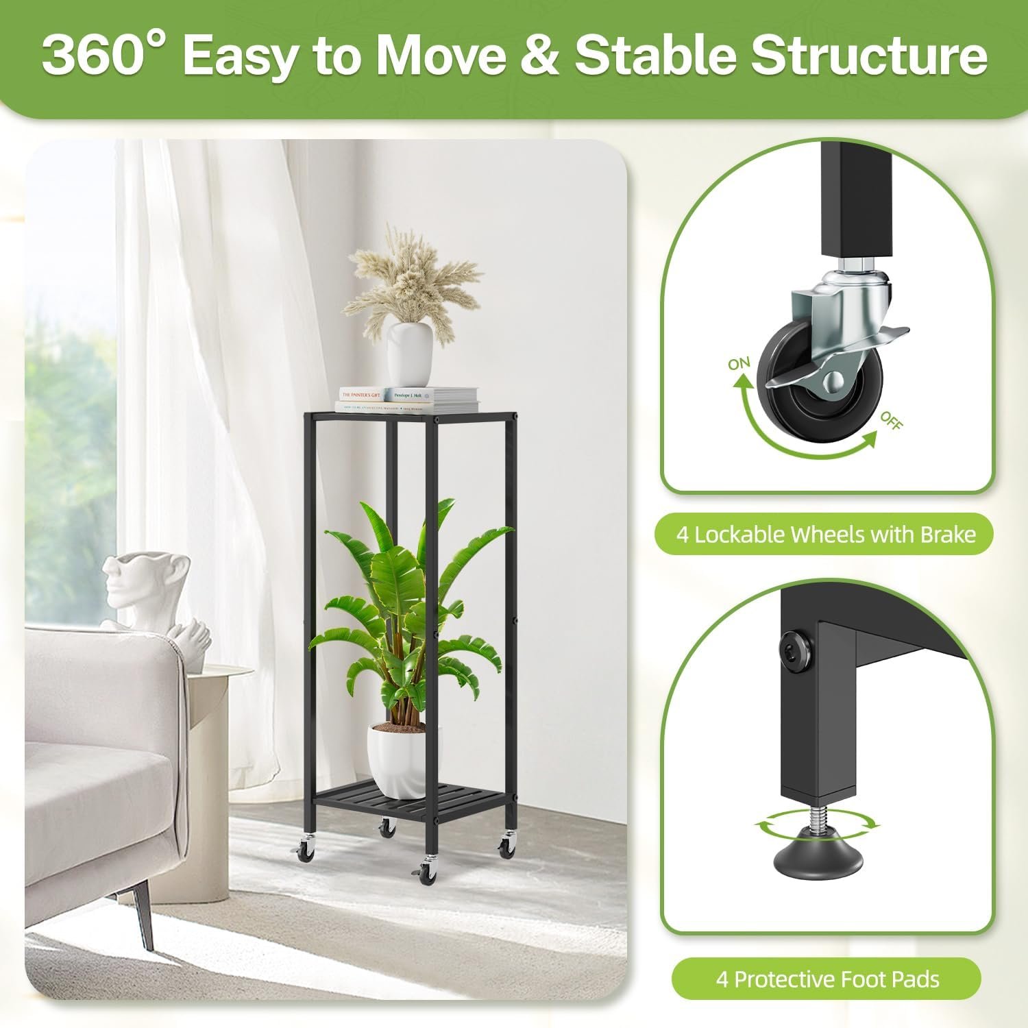 iDavosic.ly 2 Tier Indoor Plant Stand with Wheels, 11 Inch Wide Metal Plant Stand Outdoor for Large Plants, 33 Inch Tall Corner Small Flower Holder Shelf for Patio Garden Window... - صورة 3