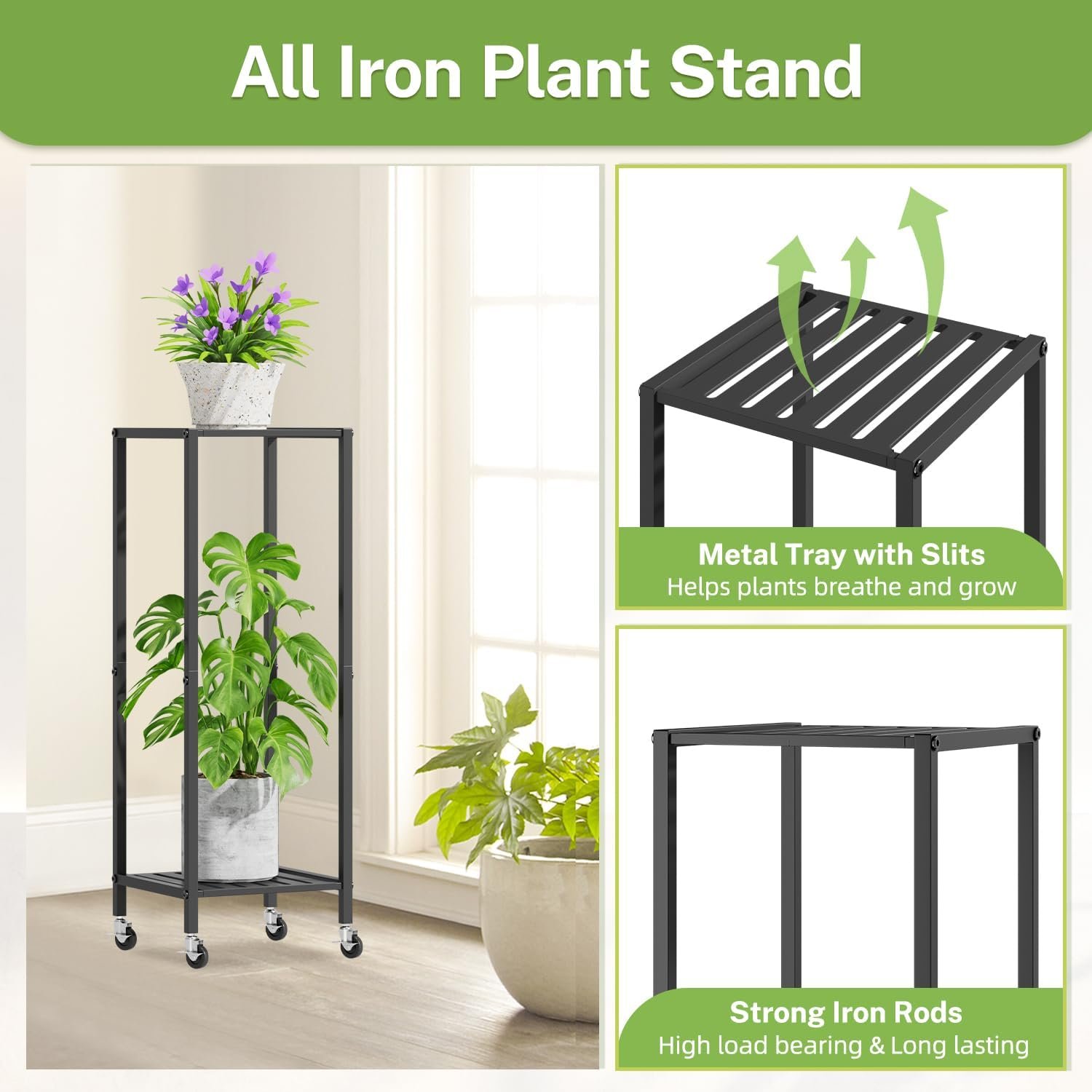 iDavosic.ly 2 Tier Indoor Plant Stand with Wheels, 11 Inch Wide Metal Plant Stand Outdoor for Large Plants, 33 Inch Tall Corner Small Flower Holder Shelf for Patio Garden Window... - صورة 4