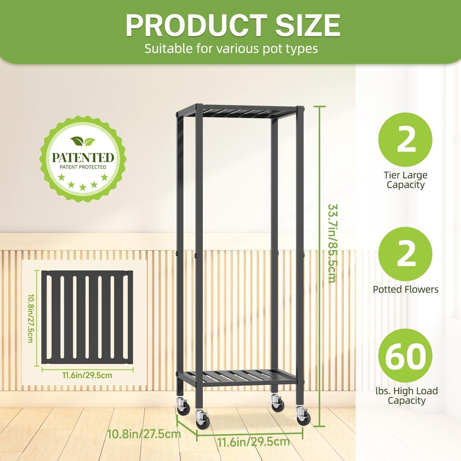 iDavosic.ly 2 Tier Indoor Plant Stand with Wheels, 11 Inch Wide Metal Plant Stand Outdoor for Large Plants, 33 Inch Tall Corner Small Flower Holder Shelf for Patio Garden Window... - صورة 5