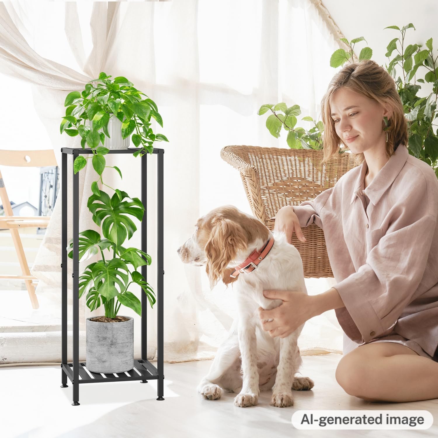 iDavosic.ly 2 Tier Indoor Plant Stand with Wheels, 11 Inch Wide Metal Plant Stand Outdoor for Large Plants, 33 Inch Tall Corner Small Flower Holder Shelf for Patio Garden Window... - صورة 7