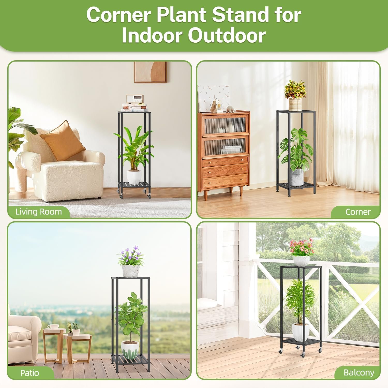 iDavosic.ly 2 Tier Indoor Plant Stand with Wheels, 11 Inch Wide Metal Plant Stand Outdoor for Large Plants, 33 Inch Tall Corner Small Flower Holder Shelf for Patio Garden Window... - صورة 6
