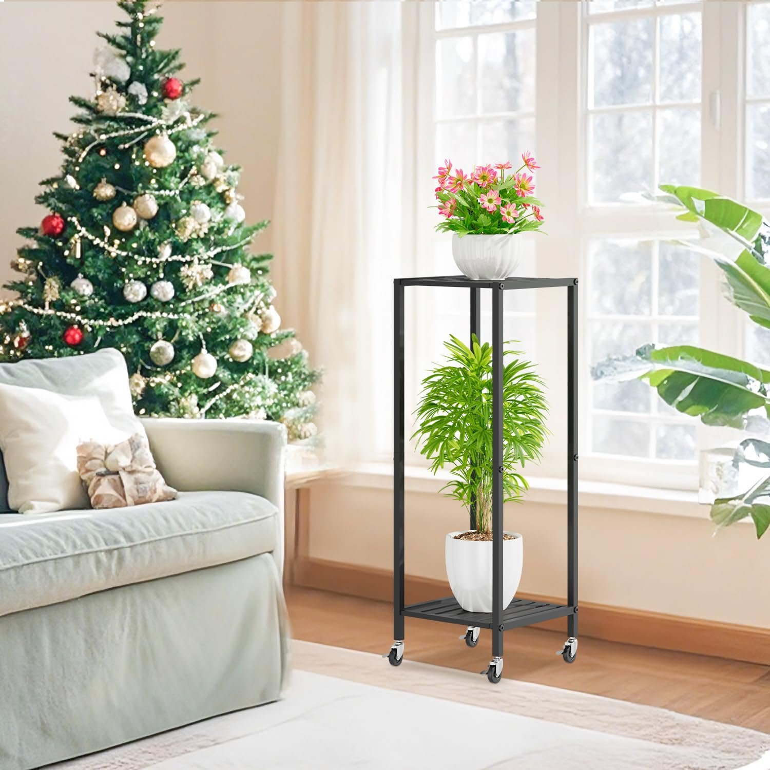 iDavosic.ly 2 Tier Indoor Plant Stand with Wheels, 11 Inch Wide Metal Plant Stand Outdoor for Large Plants, 33 Inch Tall Corner Small Flower Holder Shelf for Patio Garden Window... - صورة 9