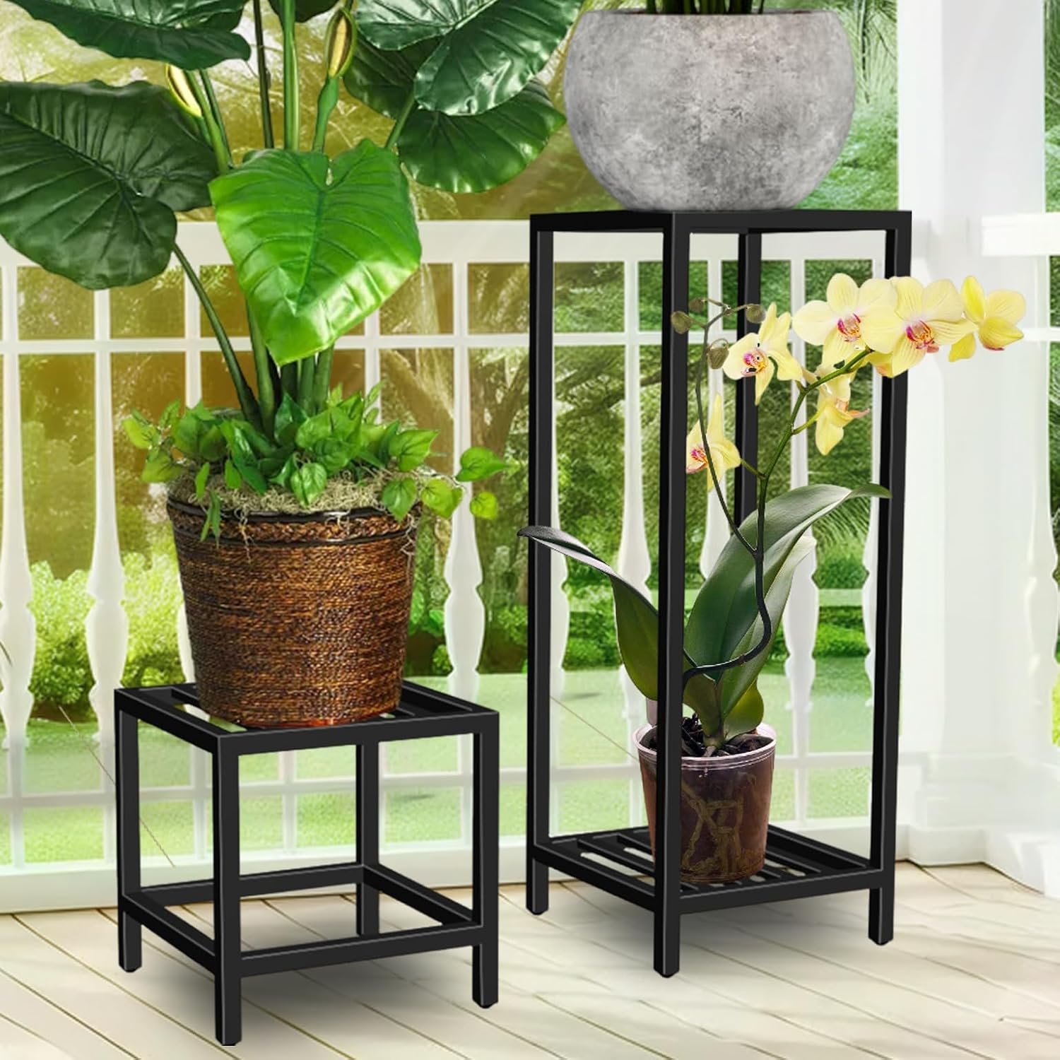 Plant Stand Indoor Outdoor, 2 Pcs Heavy Duty Iron Pedestal Stands Metal Plant Stand for Indoor Outdoor, 12''H & 30''H Tall Sturdy Planter Stand Display Plant Shelf - صورة 2