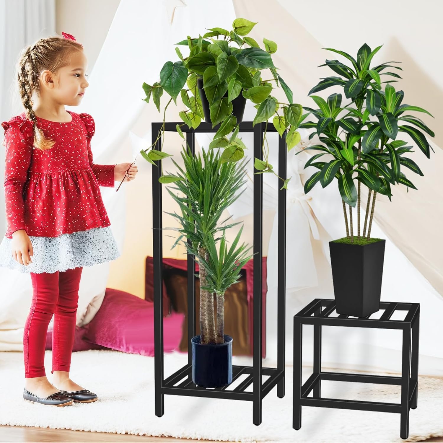 Plant Stand Indoor Outdoor, 2 Pcs Heavy Duty Iron Pedestal Stands Metal Plant Stand for Indoor Outdoor, 12''H & 30''H Tall Sturdy Planter Stand Display Plant Shelf - صورة 5