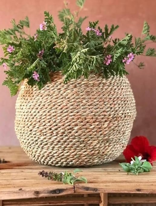 فازة زهور من الخوص البوهيمي، أصفر، شكل دائري، 27 سم، ديكور منزلي