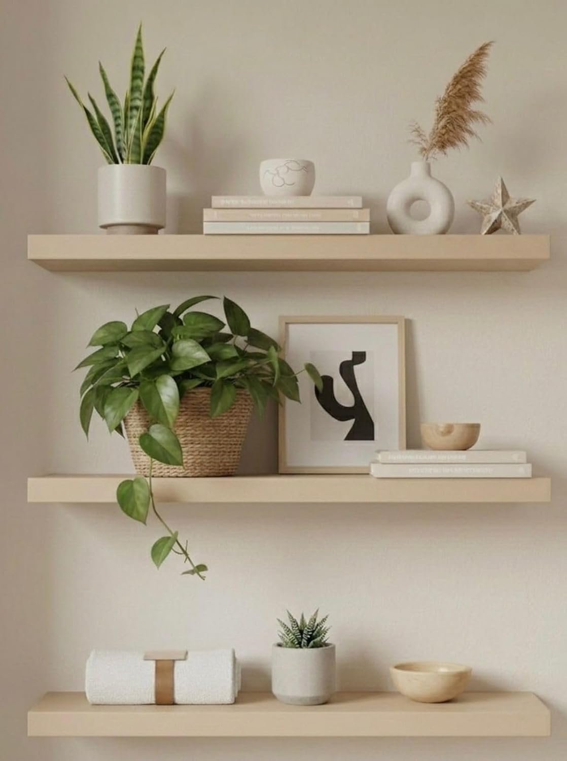 رفوف حائط خشبية MDF، تصميم عصري، مقاومة للماء والخدوش، 50×15 سم، 3 قطع، مع مستلزمات التثبيت، للمطبخ وغرف النوم والمكتب (كافيه)